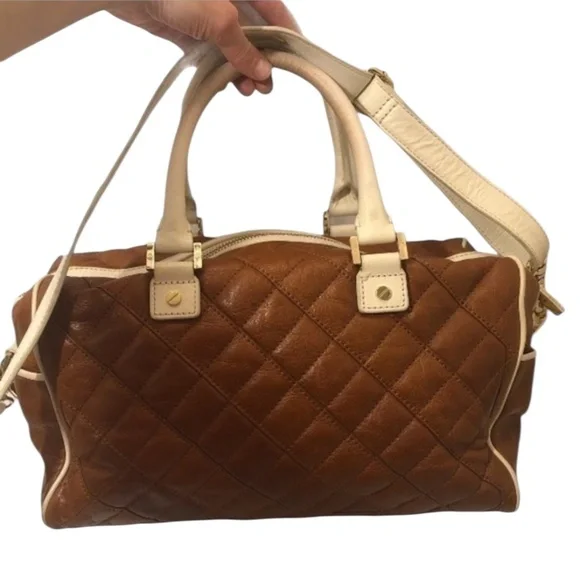 Tory Burch brown quilted leather satchel bag with crossbody strap